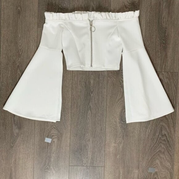 Women's Essue Top Blouse Off Shoulder Split Wide Flare Sleeve Cropped Off White - Picture 12 of 14